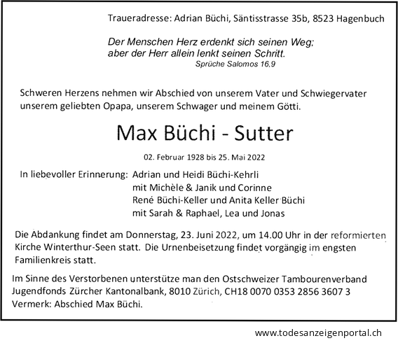 Todesanzeige Max Büchi